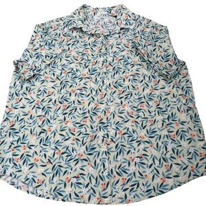 In'Voland Womens 20W Cotton Floral Button Down Shirt Short Sleeve Green NWT
